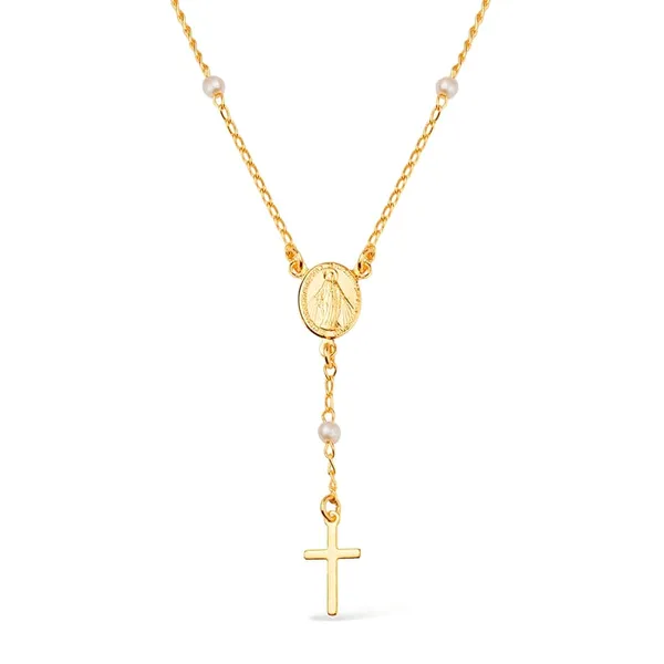 Colar Dourado Religioso Terço Cruz e Pérolas